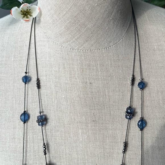 Vintage Two Strand Blue Beaded Long Necklace - Picture 3 of 8